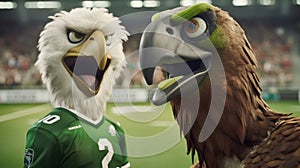 Happy Osprey Mascot Supporting Soccer Team In Cinematic Stadium