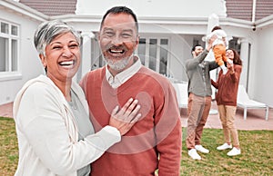 Happy, outdoor and portrait of senior couple standing in the yard of their modern family home. Happiness, smile and