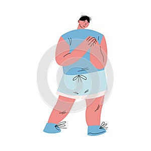 Happy overweight black-haired man standing in blue shorts and t-shirt. Vector illustration in cartoon style.