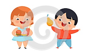 Happy overweight boy and girl eating healthy and unhealthy food cartoon vector illustration