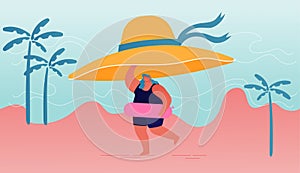 Happy Overweight Woman Character Wearing Inflatable Ring Holding Huge Tropical Hat in Hands Run along Summer Sandy Beach