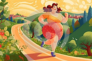 Happy overweight woman jogging outdoor illustration