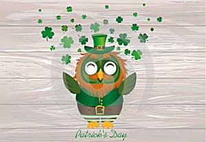 A happy owl with a beard in a suit and hat on St. Patrick`s day