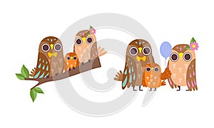 Happy Owl Family with Father, Mother and Baby Sitting on Tree Branch and Standing Vector Set
