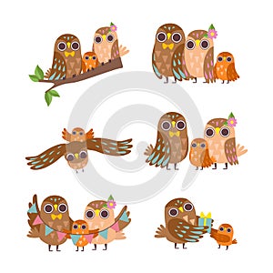 Happy Owl Family with Father, Mother and Baby Vector Set