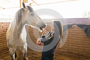 Happy Owner With Equine In Ranch