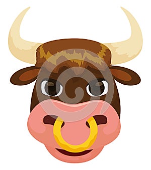 Happy ox with brown hair and nose ring, Vector Illustration