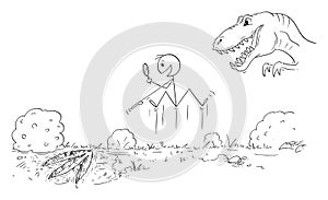 Happy Paleontologist Just Found Footprint of Living Dangerous Dinosaur , Vector Cartoon Stick Figure Illustration