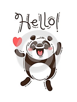 A happy panda greets you Hello. Vector illustration in cartoon style