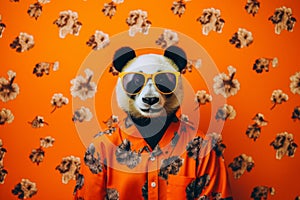 a happy panda in an orange shirt. created with Generative AI technology