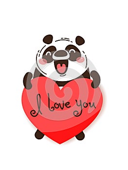 A happy panda with a valentine and message I love you. Vector illustration in cartoon style