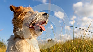 Happy panting dog in summer in the meadow grass on sky background