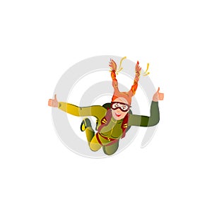 Happy parachuting girl falling with a parachute showing thumbs up. Vector illustration in a flat cartoon style.