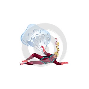 Happy parachuting girl in a red suit and protective goggles falling with a parachute. Vector illustration in a flat