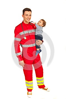 Happy paramedic with baby