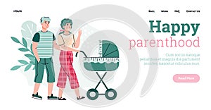 Happy parenthood website with couple walking with baby, flat vector illustration.