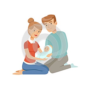 Happy parents embracing their newborn baby, happy family and parenting concept vector Illustration on a white background