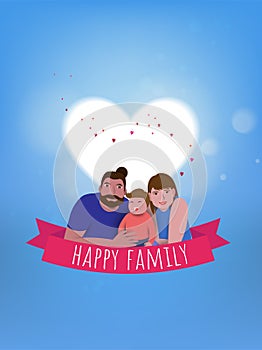 Happy parents having good time with their little children. Family on heart background. Paper cut stlyle. Vector illustration