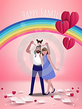 Happy parents having good time with their little children. Family on pink background. Paper cut stlyle. Vector illustration