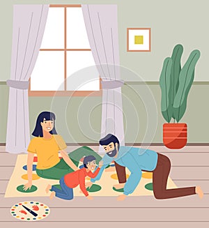 Happy parents and kid playing board game at home. Couple with teenage child enjoying fun time