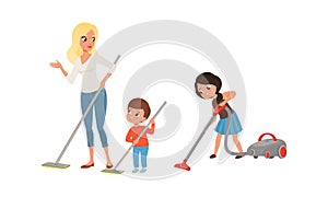 Happy Parents and Kids Doing Housework Together Set, Mom and Children Cleaning and Mopping Floor, Cartoon Style Vector