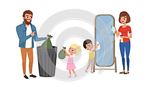 Happy Parents and Kids Doing Housework Together Set, People Throwing Garbage into Trash Bin and Cleaning Mirror Cartoon