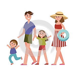 Happy parents with kids on summer vacations cartoon characters, beach holidays vector Illustration