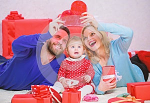 Happy parents. Life can not be better. Family celebrate anniversary. Couple in love and baby daughter. Valentines day