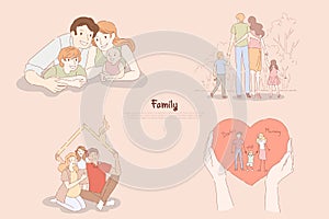 Happy parents with little children, couple with kids together at home or on outdoor stroll, family relationship banner