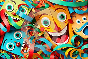 Happy party carneval masks with wig and confetti pieces and ribbon Falling in colorful colors. Generative ai illustration