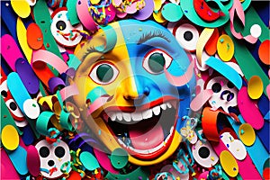 Happy party carneval masks with wig and confetti pieces and ribbon Falling in colorful colors. Generative ai illustration