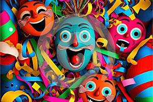 Happy party carneval masks with wig and confetti pieces and ribbon Falling in colorful colors. Generative ai illustration