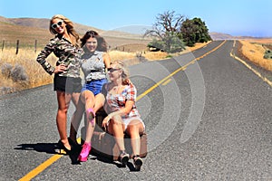 Happy Party Girls Hitch Hiking