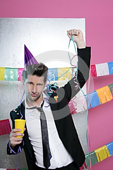 Happy party young man drinking enjoying alone