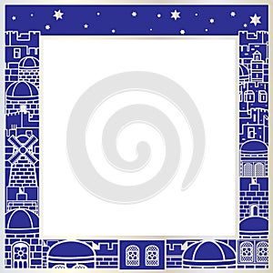 Happy Passover banner greeting card Jerusalem city Jewish Holiday traditional decoration illustration Judaica framecity