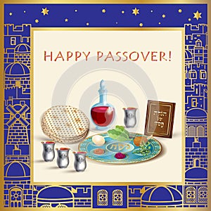 Happy Passover banner greeting card with Jewish Holiday traditional decoration vector illustration Judaica photo