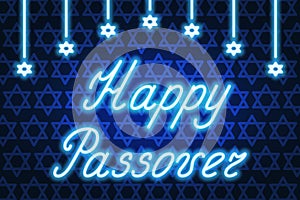 Happy Passover. Blue cursive neon lettering. Garland of shining stars. Background from stars
