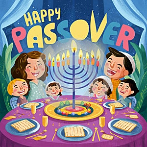 Happy Passover celebration greeting card with seder illustration