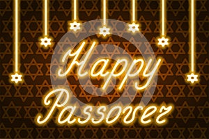 Happy Passover. Gold cursive neon lettering. Garland of shining stars. Gold background from stars