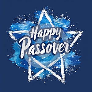 Happy Passover greeting card or banner with David star and text. White lettering isolated on blue background