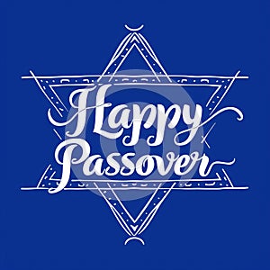 Happy Passover greeting card or banner with David star and text. White lettering isolated on blue background