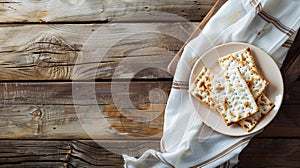 Happy Passover - Happy Pesach. Traditional Passover bread on wooden table.