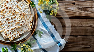 Happy Passover - Happy Pesach. Traditional Passover bread on wooden table.