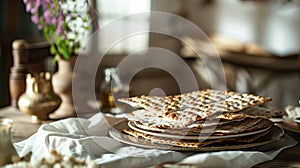 Happy Passover - Happy Pesach. Traditional Passover bread on wooden table.