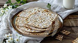 Happy Passover - Happy Pesach. Traditional Passover bread on wooden table.