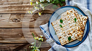 Happy Passover - Happy Pesach. Traditional Passover bread on wooden table.