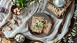 Happy Passover - Happy Pesach. Traditional Passover bread on wooden table.