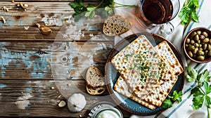 Happy Passover - Happy Pesach. Traditional Passover bread on wooden table.