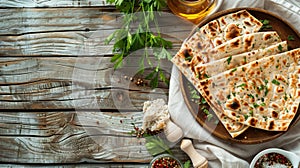 Happy Passover - Happy Pesach. Traditional Passover bread on wooden table.