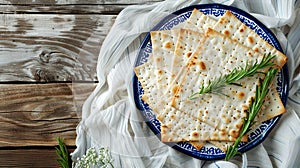 Happy Passover - Happy Pesach. Traditional Passover bread on wooden table.